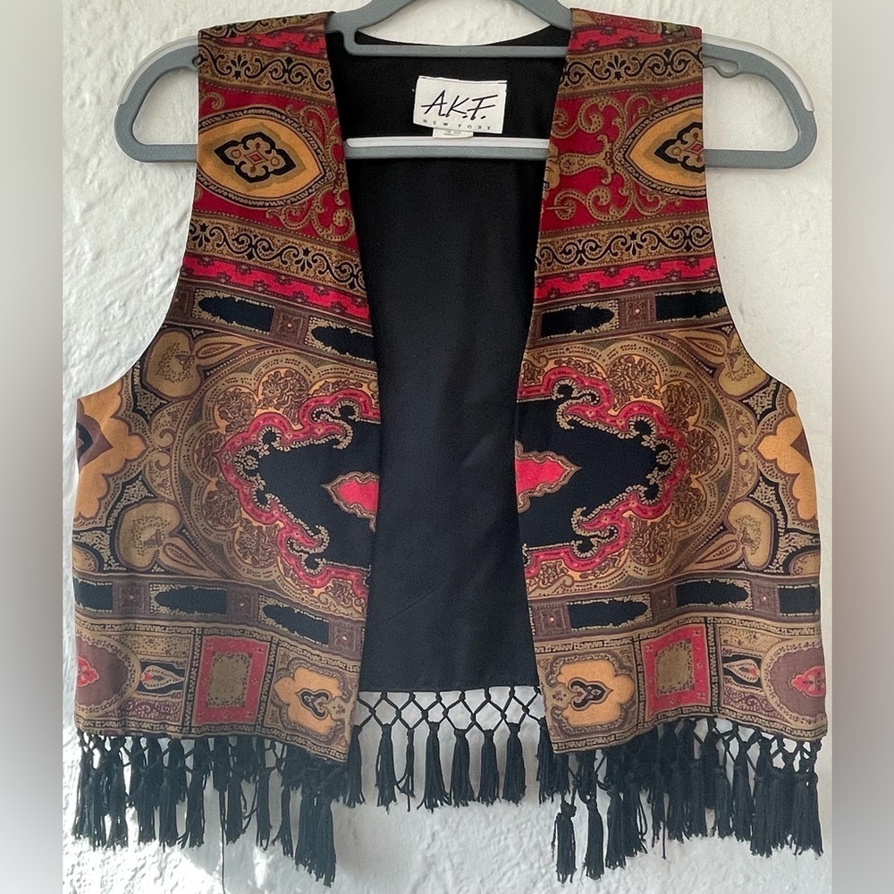 Vintage AKF New York Vest With Fringe USA German Fabric Artsy Boho; size S